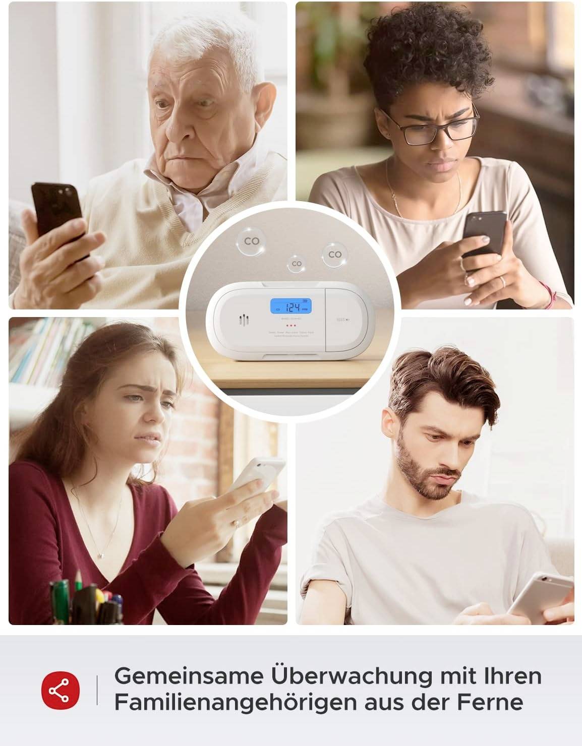 Starsza osoba i krewni patrzą każdy na swoje smartfony. W centrum czujnik dymu. Tekst poniżej: 'Wspólny monitoring na odległość z Twoimi bliskimi'.