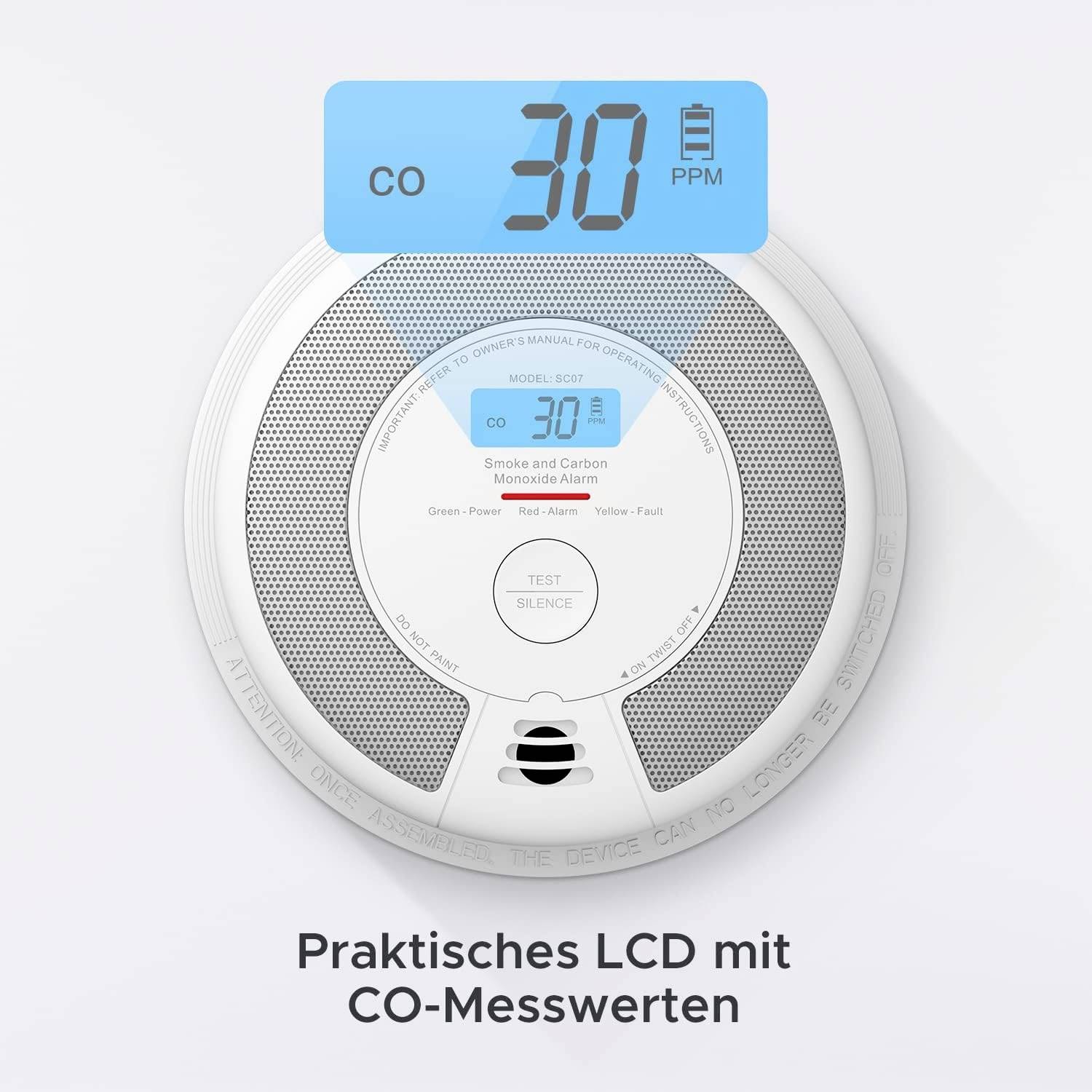 Czujnik dymu i tlenku węgla wyświetla na wyświetlaczu LCD 'CO 30 PPM'. Tekst poniżej: 'Praktyczny wyświetlacz LCD z wartościami pomiaru CO'.