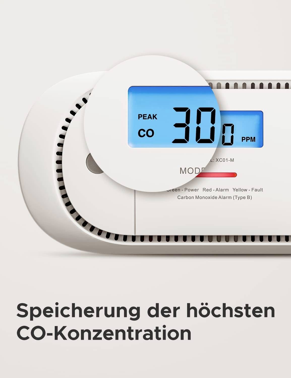 Czujnik tlenku węgla wyświetla komunikat 'Peak CO 30 PPM', wskazujący najwyższe zarejestrowane stężenie CO.