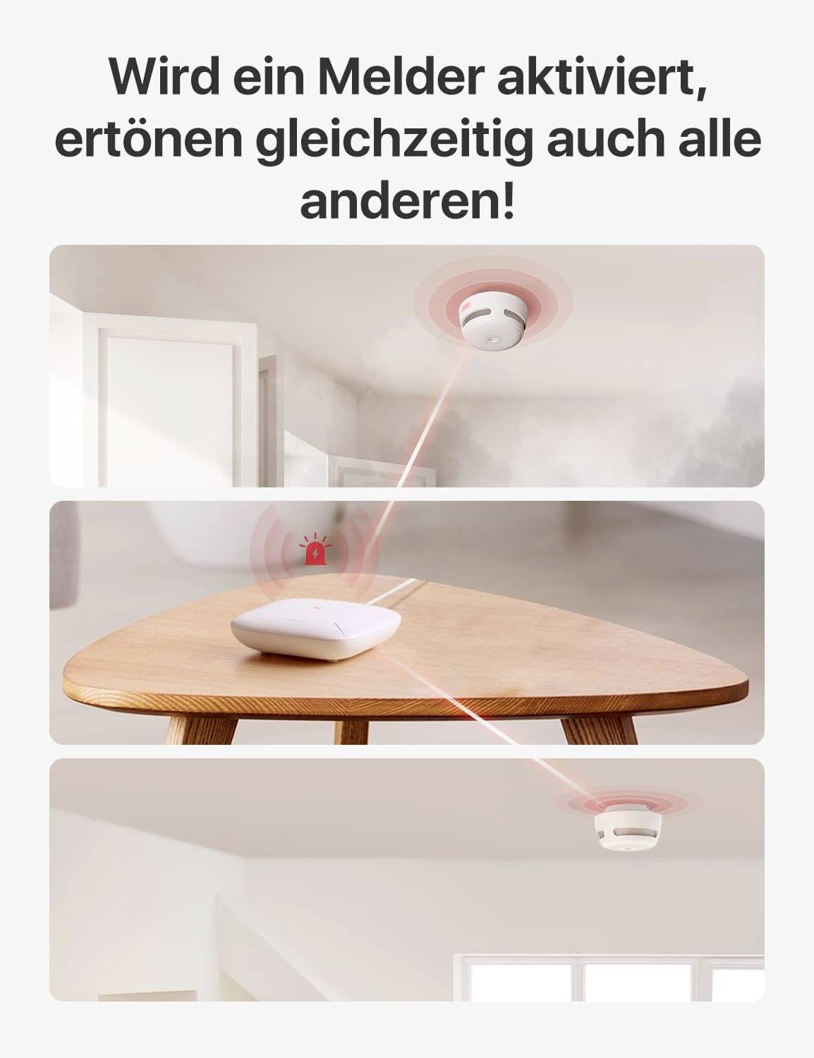 Czujnik dymu zostaje aktywowany, jednocześnie włączają się również pozostałe czujniki w pomieszczeniu. Przedstawiona zostaje kontrola za pomocą urządzenia stołowego.