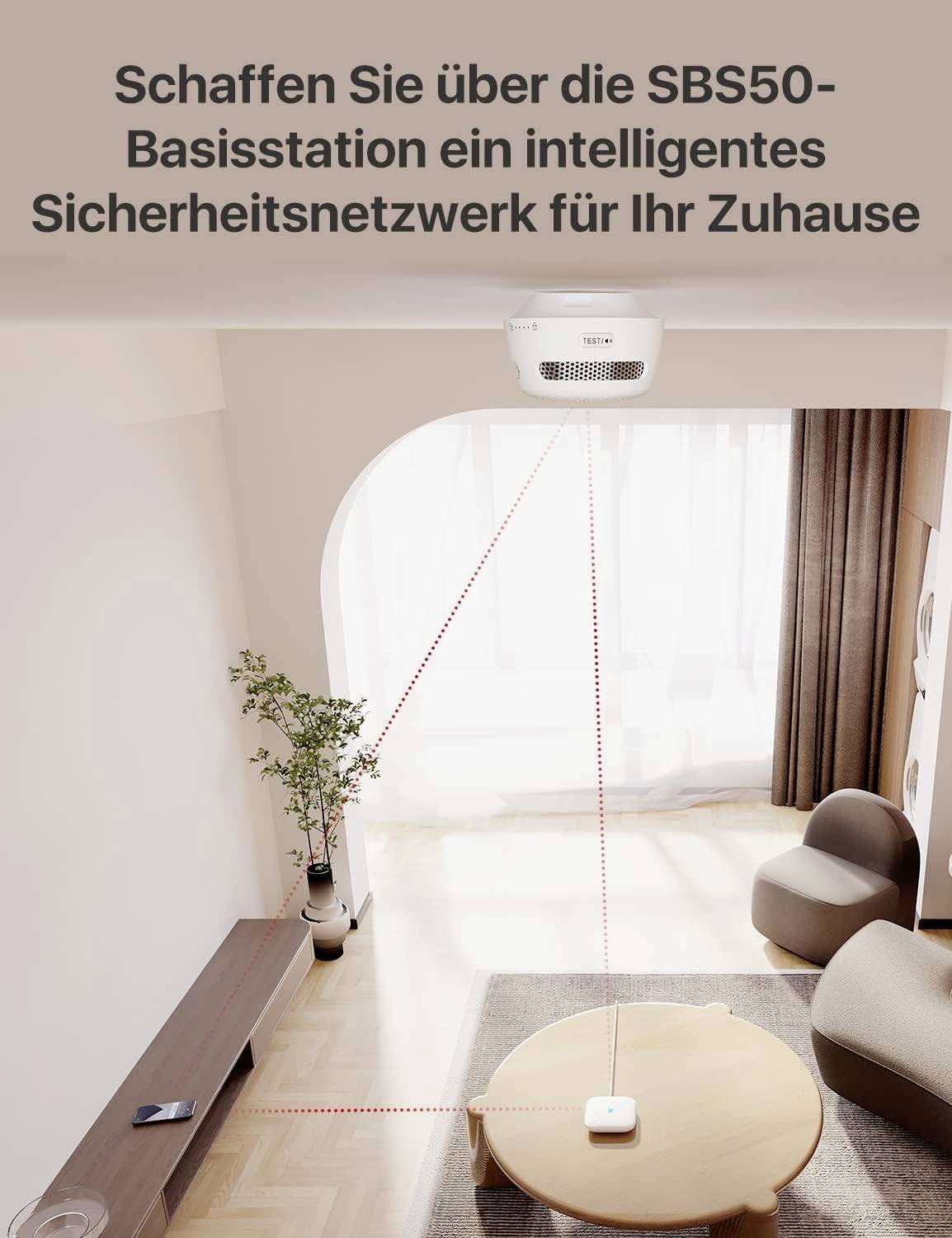 Salon z projektorem, który wysyła wiązkę laserową do urządzenia stojącego na stole. Tekst dotyczy inteligentnego rozwiązania z zakresu bezpieczeństwa.