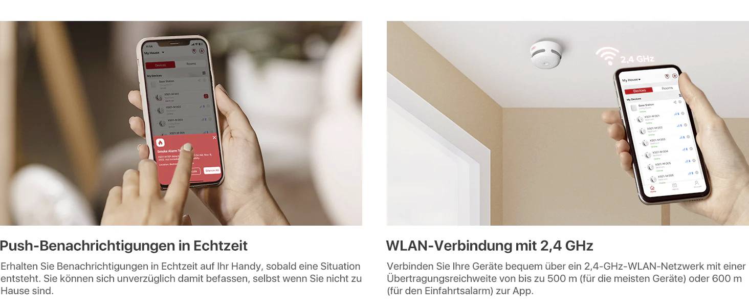 Osoba trzyma telefon komórkowy z aplikacją do powiadomień push i połączeniem Wi-Fi o częstotliwości 2,4 GHz. Widoczny jest czujnik dymu.