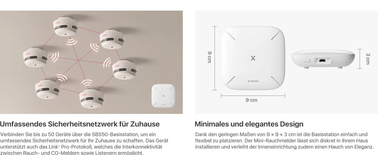 "Kompleksowa sieć bezpieczeństwa do domu" pokazuje sześć urządzeń podłączonych do sufitu, które łączą się z bazową stacją. "Minimalistyczny i elegancki design" opisuje kompaktowy rozmiar stacji bazowej.