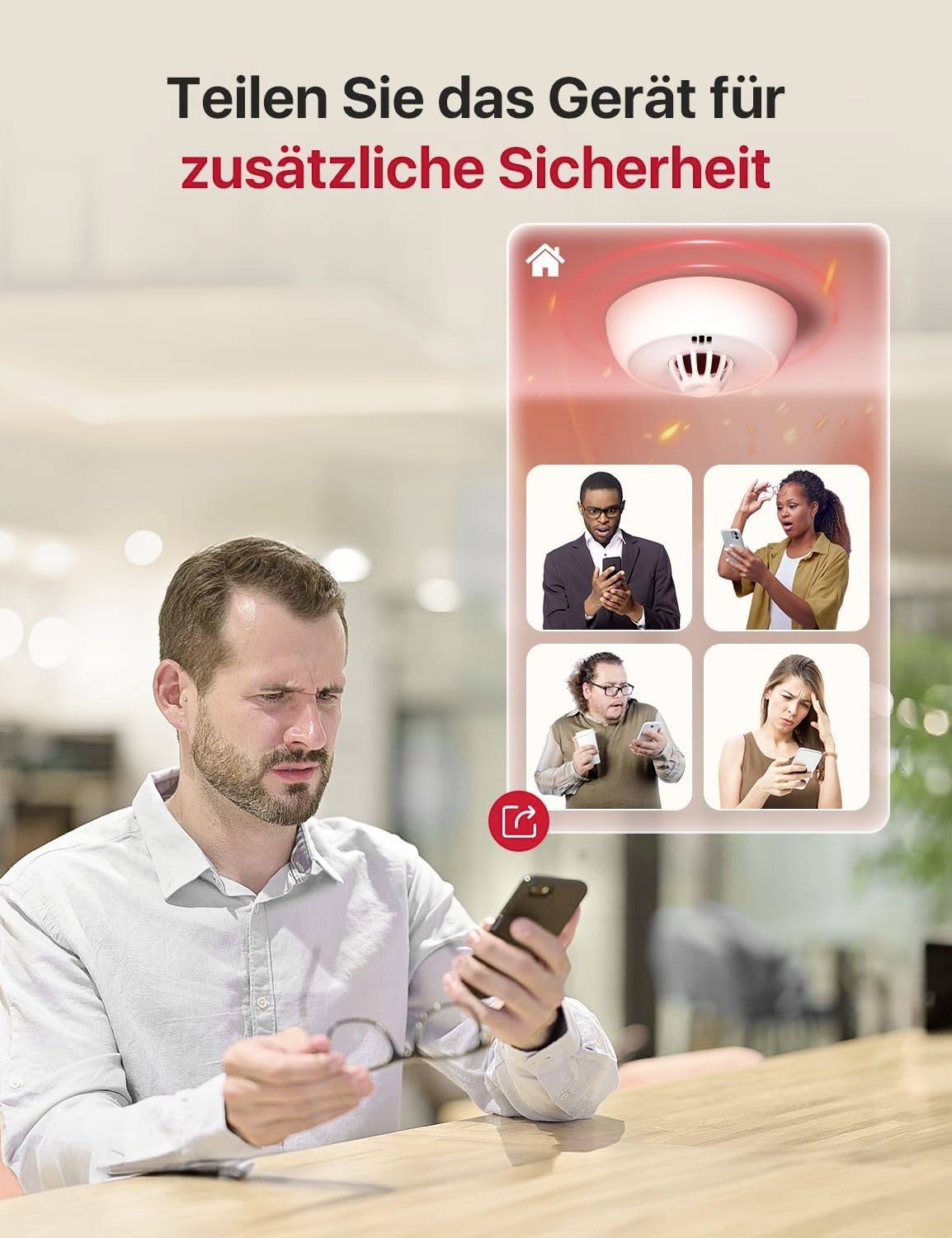 Mężczyzna patrzy na swój smartfon. Wstawione zdjęcie przedstawia osoby ze smartfonami i czujką dymu. Tekst: 'Udostępnij urządzenie dla dodatkowego bezpieczeństwa'.