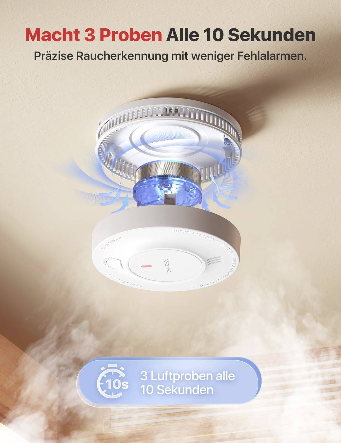 Czujnik dymu na suficie z niebieskim światłem, zgodnie z opisem, pobiera co 10 sekund 3 próbki powietrza w celu dokładnego wykrywania dymu.