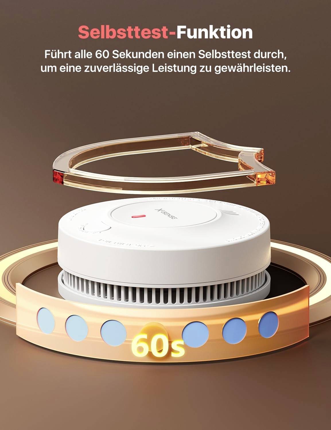 Funkcja samokontroli: Czujnik dymu przeprowadza test samosprawności co 60 sekund, aby zapewnić niezawodne działanie.