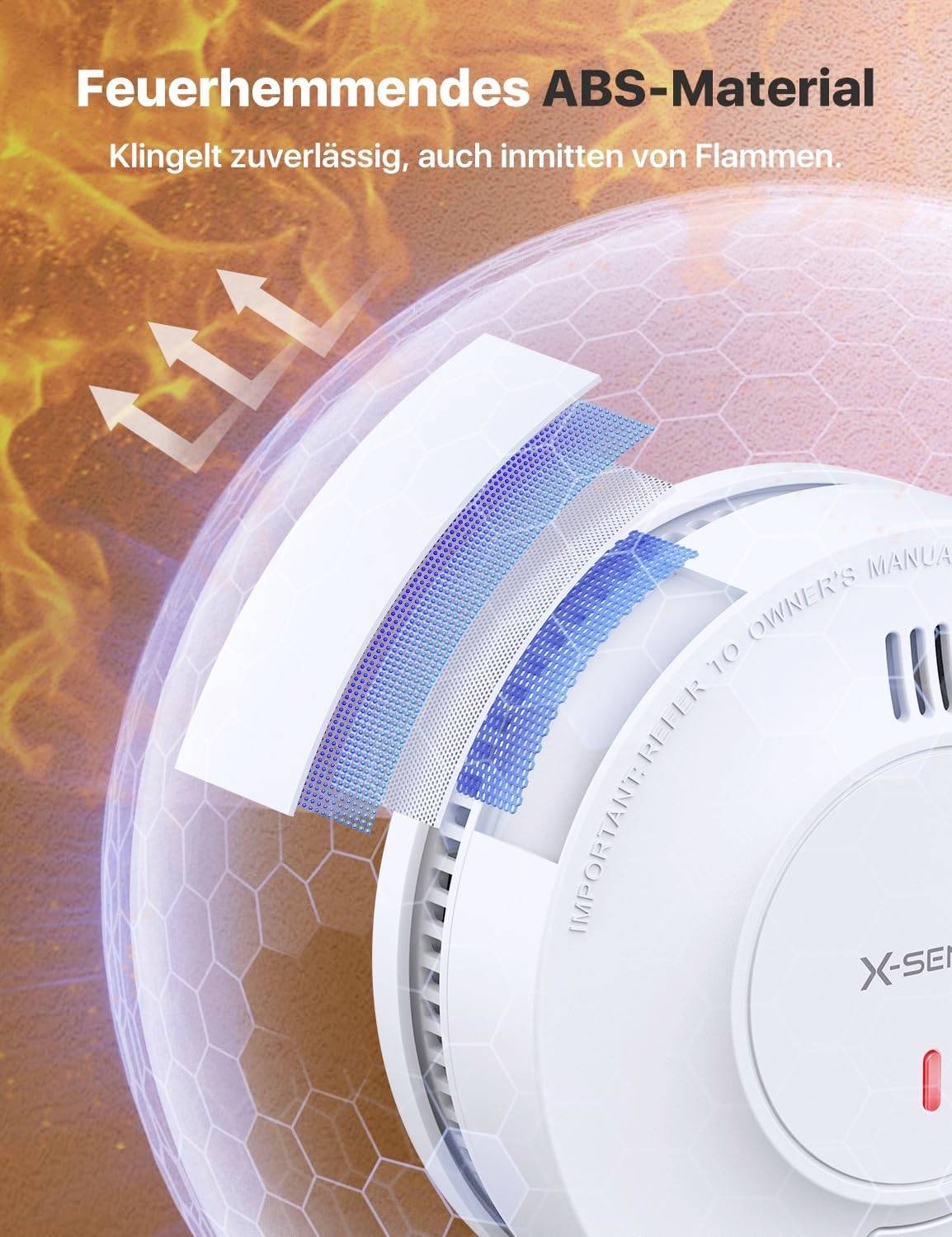 Czujnik dymu wykonany z trudnopalnego tworzywa ABS, otoczony płomieniami. Tekst: 'Dzwoni niezawodnie, nawet pośród płomieni.'