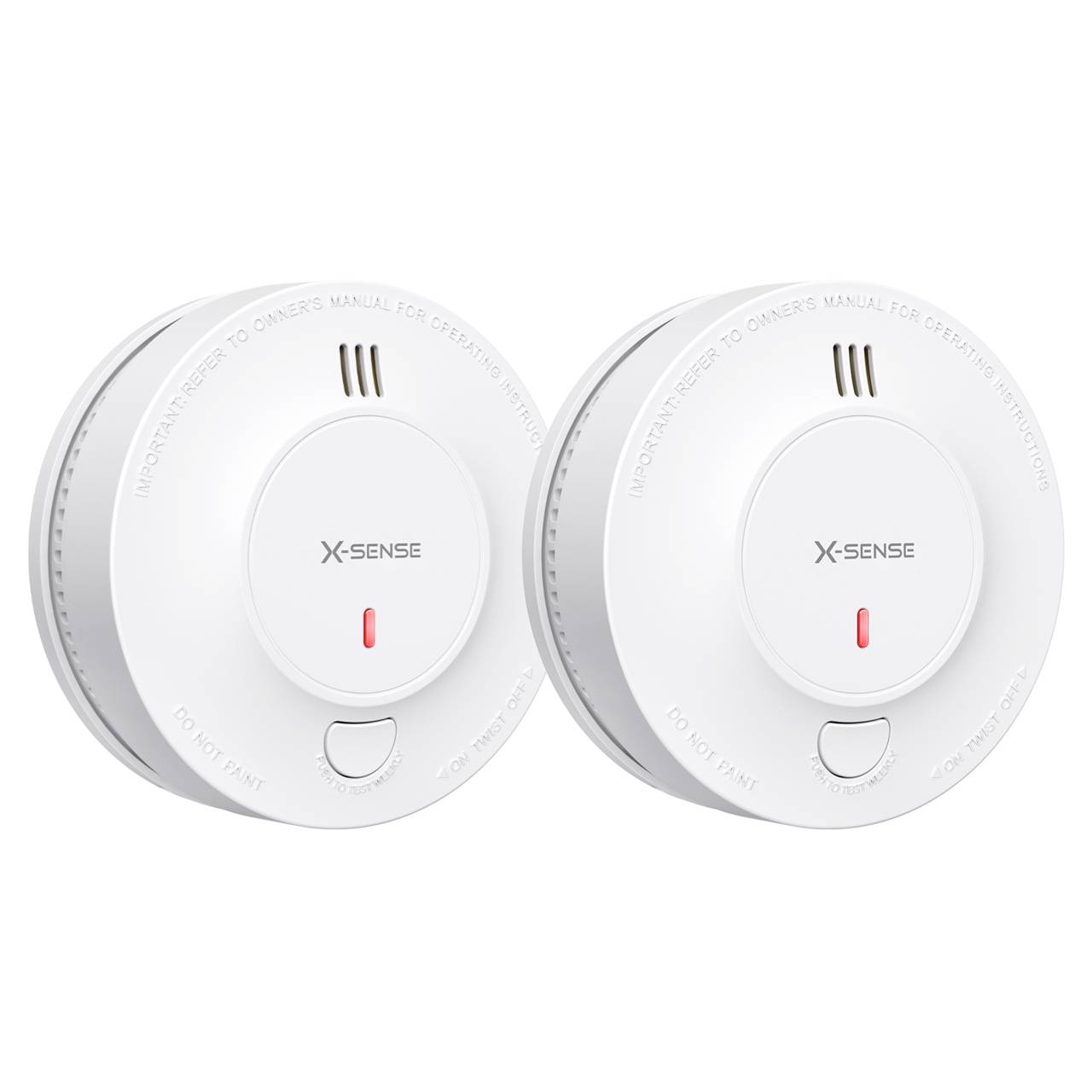 Dwa okrągłe, białe czujniki dymu marki X-Sense, każdy z czerwoną diodą LED, zaprojektowane do wykrywania pożaru i zapewnienia bezpieczeństwa.