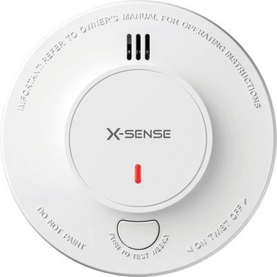 Okrągły czujnik dymu z napisem 'X-Sense' w centrum, czerwonym wskaźnikiem, przyciskiem testowym i instrukcją odesłania do instrukcji obsługi.