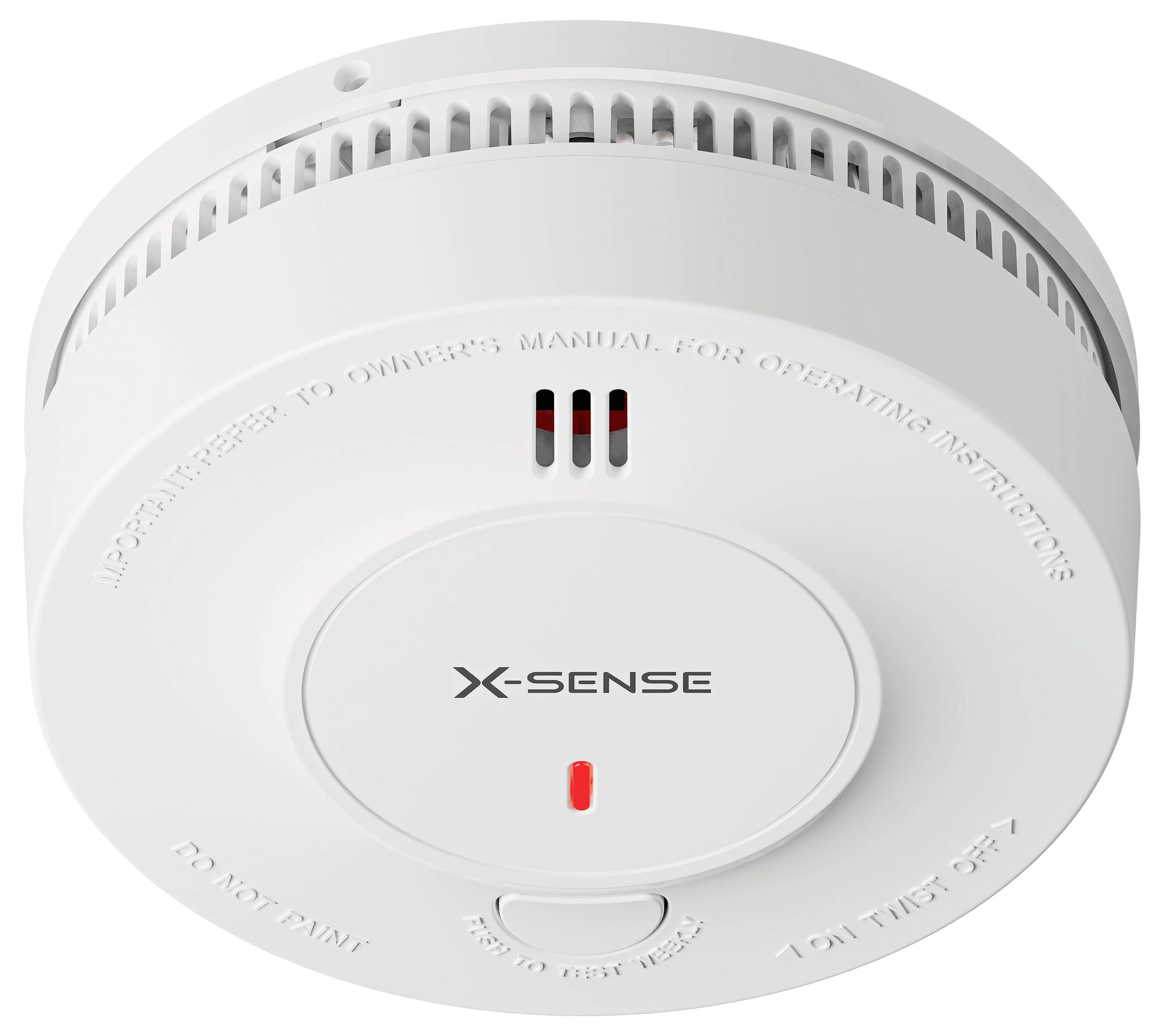 Biały czujnik dymu marki 'X-Sense' z przodu, wyposażony w małą diodę LED sygnalizacyjną.