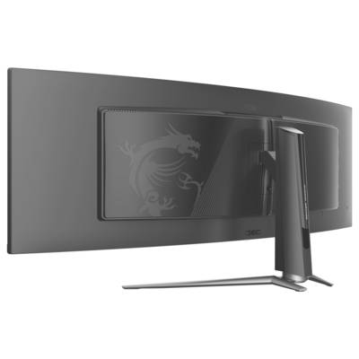 Zakrzywiony monitor komputerowy widziany z tyłu, z motywem smoka i nowoczesną, eleganką podstawą.