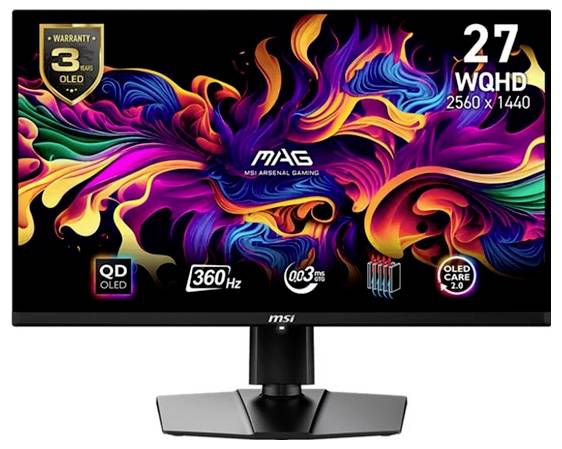 Monitor MSI 27-calowy WQHD z żywymi kolorami i designem, wyposażony w częstotliwość odświeżania 360 Hz, technologię QD OLED oraz etykietę gwarancji 3-letniej na ekranie.