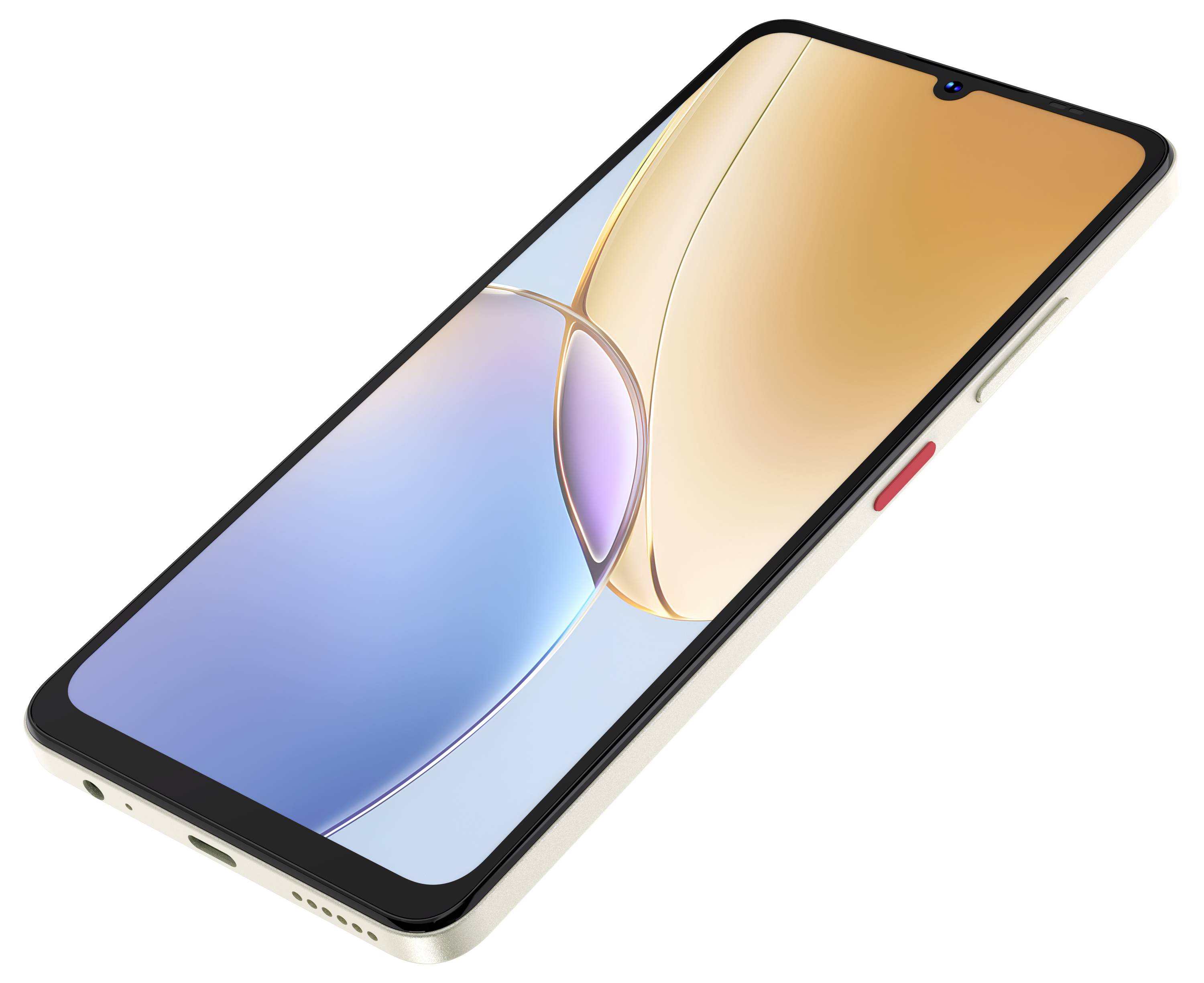 Smartfon o eleganckiej sylwetce, wyposażony w duży wyświetlacz i wycięcie na przedni aparat w górnej części ekranu. Urządzenie charakteryzuje się smukłą budową.