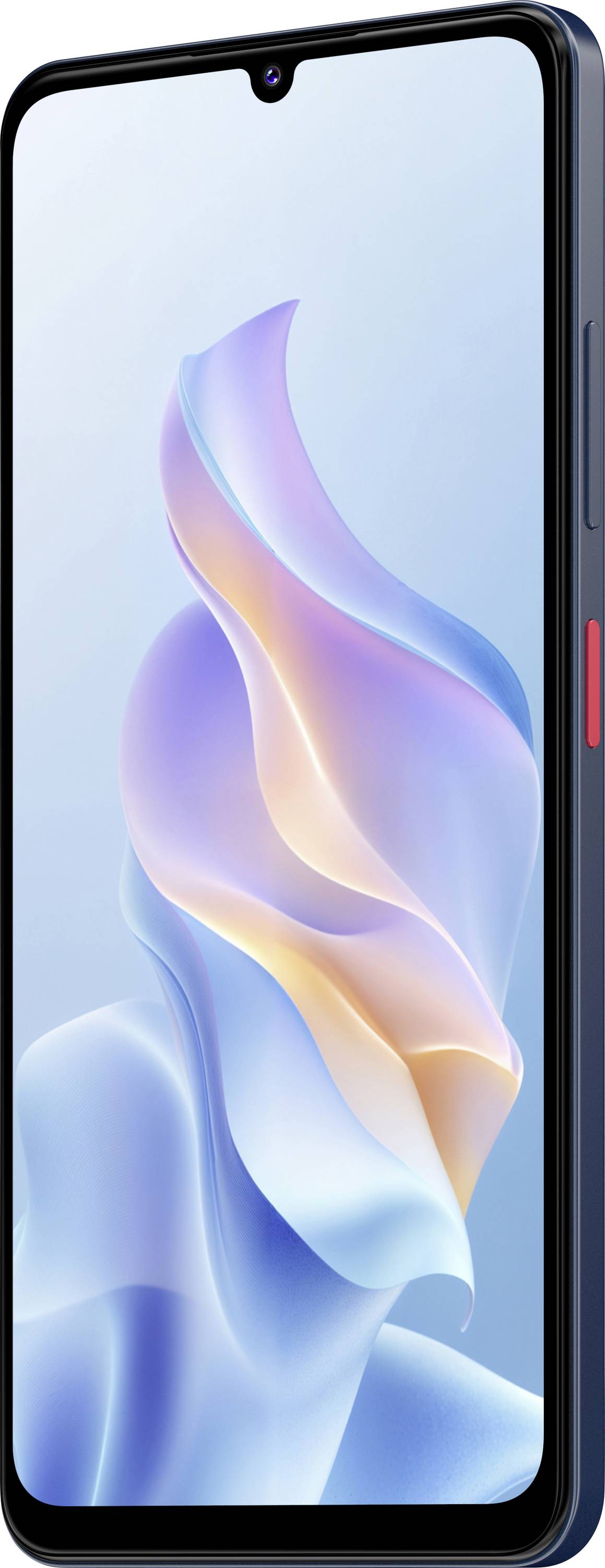 Smartfon z kamerą skierowaną w stronę użytkownika, na którego wyświetlaczu widnieje kolorowa, falista abstrakcyjna tapeta. Telefon posiada smukłą, czarną ramkę.