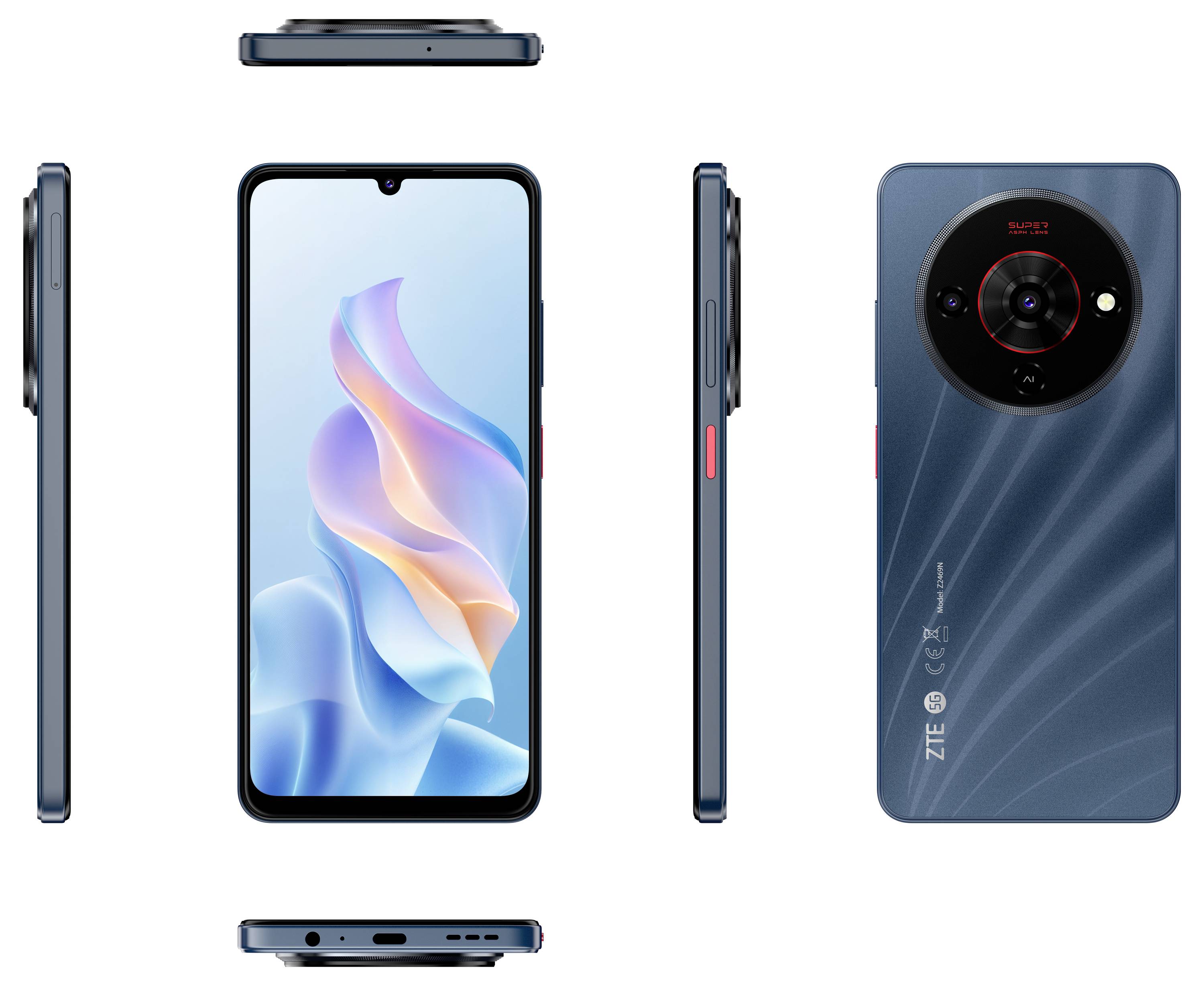 Smartfon z dużym ekranem, smukłą sylwetką, wyświetlany z kilku perspektyw. Tylny aparat w okrągłej ramce. Widoczne logo marki.