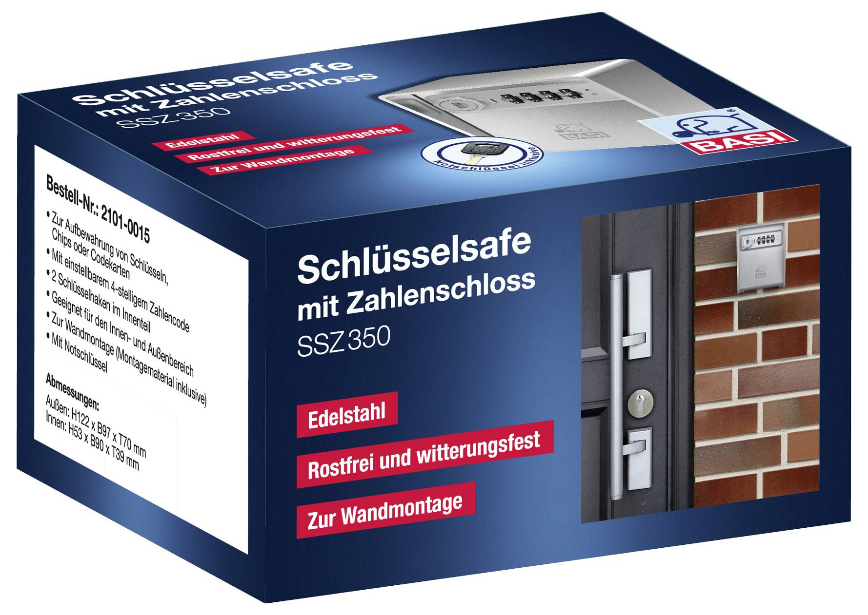 Sejf na klucze z zamkiem kombinacyjnym 'SSZ350' pokazany na opakowaniu. Odporny na warunki atmosferyczne ze stali nierdzewnej, przeznaczony do montażu na ścianie.