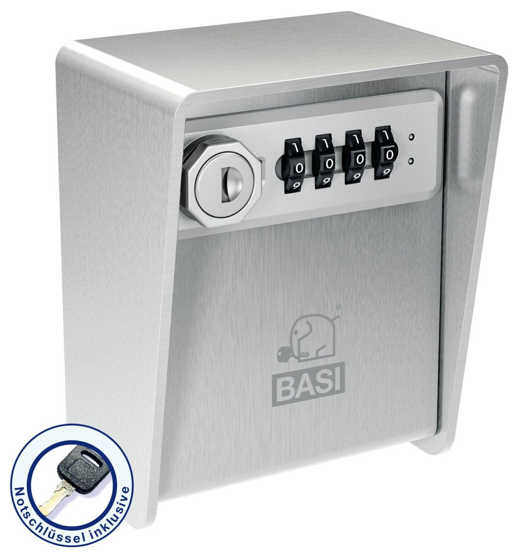 Metalowa skarbonka z tarczą kombinacyjną i otworem na klucz. Posiada logo "BASI" z grafiką słonia. Zawiera klucz, jak wskazano.