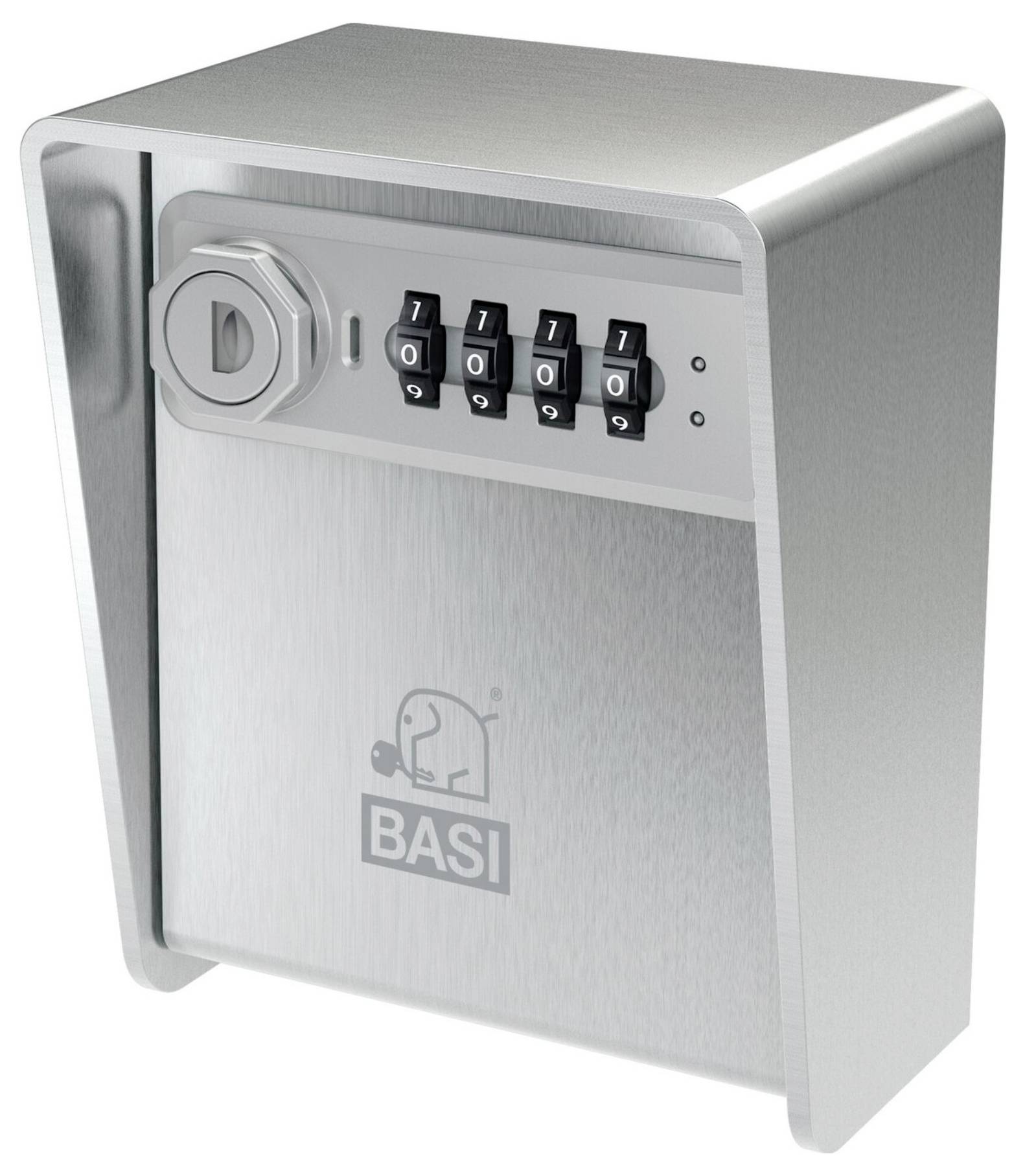 Stalowa skrzynka bezpieczeństwa z czterocyfrowym zamkiem kombinacyjnym i logo „BASI" na froncie.