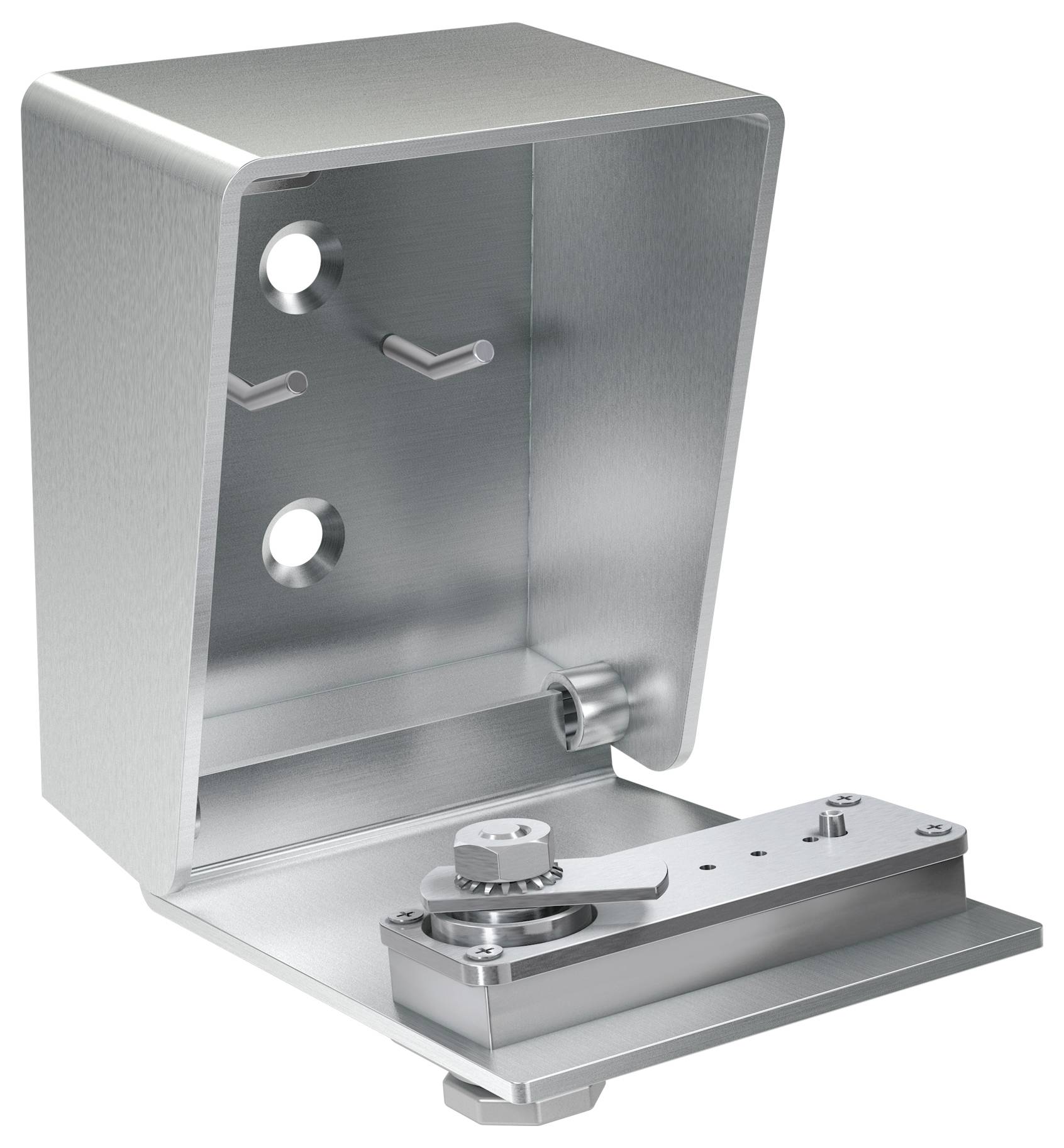 Metalowy kątownik ścienny z przegubową podstawą ma kilka otworów na śruby, co wskazuje, że jest przeznaczony do regulowanej instalacji.