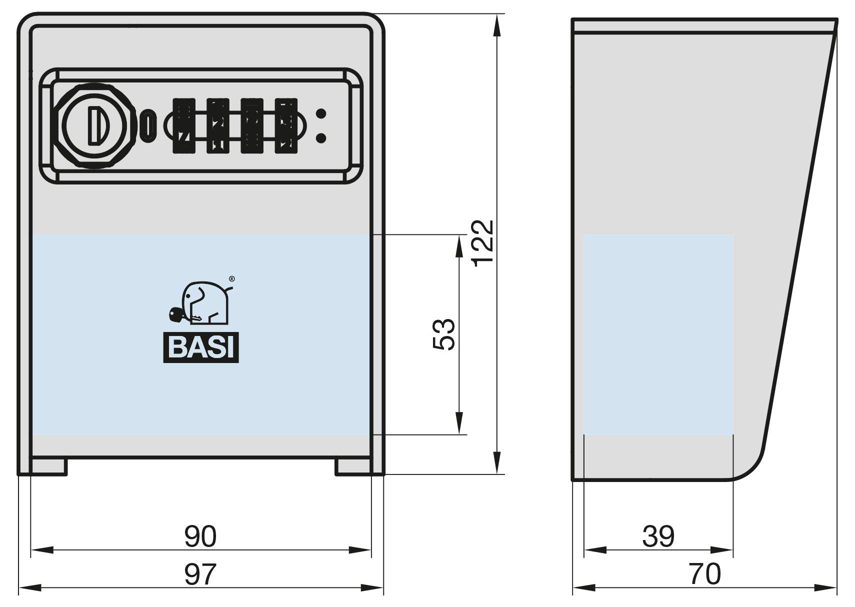 Diagram widoku bocznego i przedniego zamka kombinacyjnego BASI. Wymiary widoku przedniego: 97x122 mm; widok boczny: 39x70 mm.