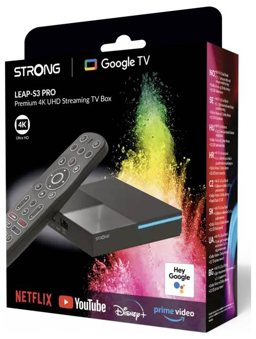 Opakowanie telewizyjnego boxa strumieniowego 'Strong LEAP-S3 PRO' z pilotem zdalnego sterowania, możliwością streamingu 4K oraz usługami takimi jak Netflix, YouTube.