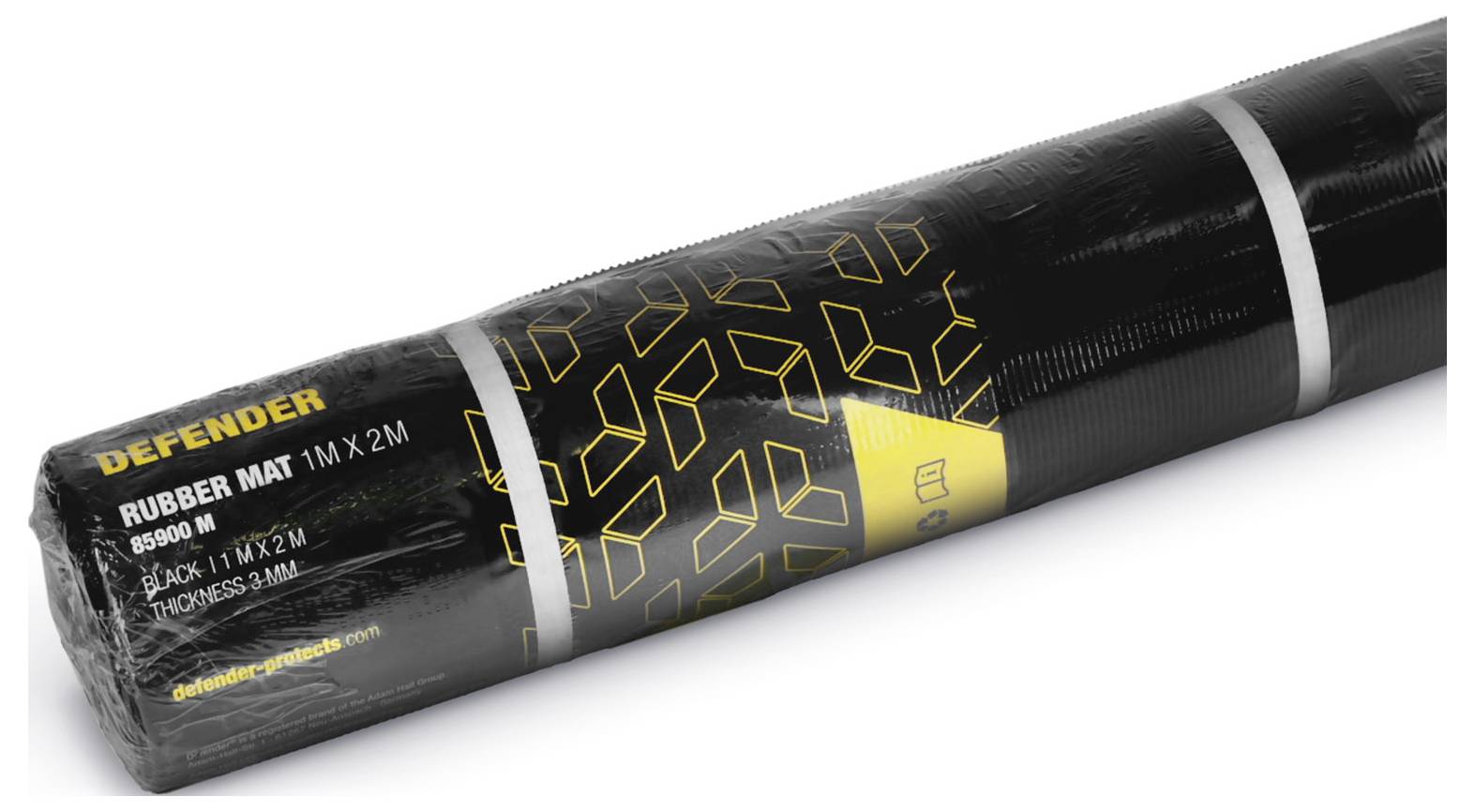 Rolka maty gumowej Defender, 1m x 2m, czarna, grubość 3mm, opakowanie produktu z geometrycznym żółtym wzorem i szczegółami tekstowymi.