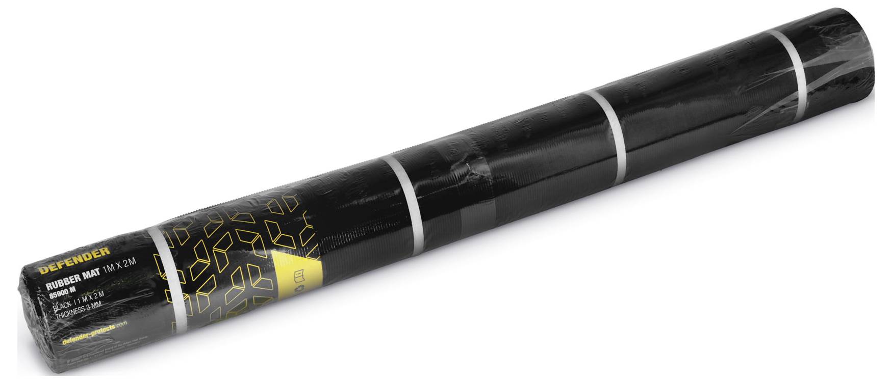 Zwinięty dywanik z etykietą z napisem 'Defender Mata Gumowa 100x150 cm', z czarno-żółtym wzorem geometrycznym.