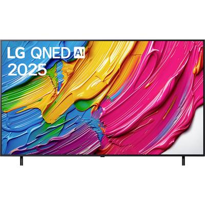 Telewizor 'LG QNED AI 2025' z żywym wirem kolorów na ekranie, prezentujący zaawansowaną technologię wyświetlania obrazu.