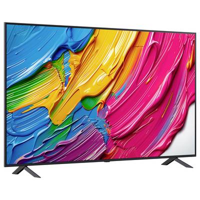 Żywy, abstrakcyjny obraz wyświetlany na nowoczesnym telewizorze z płaskim ekranem, prezentujący śmiałe pociągnięcia pędzla w kolorach niebieskim, żółtym, różowym i zielonym.