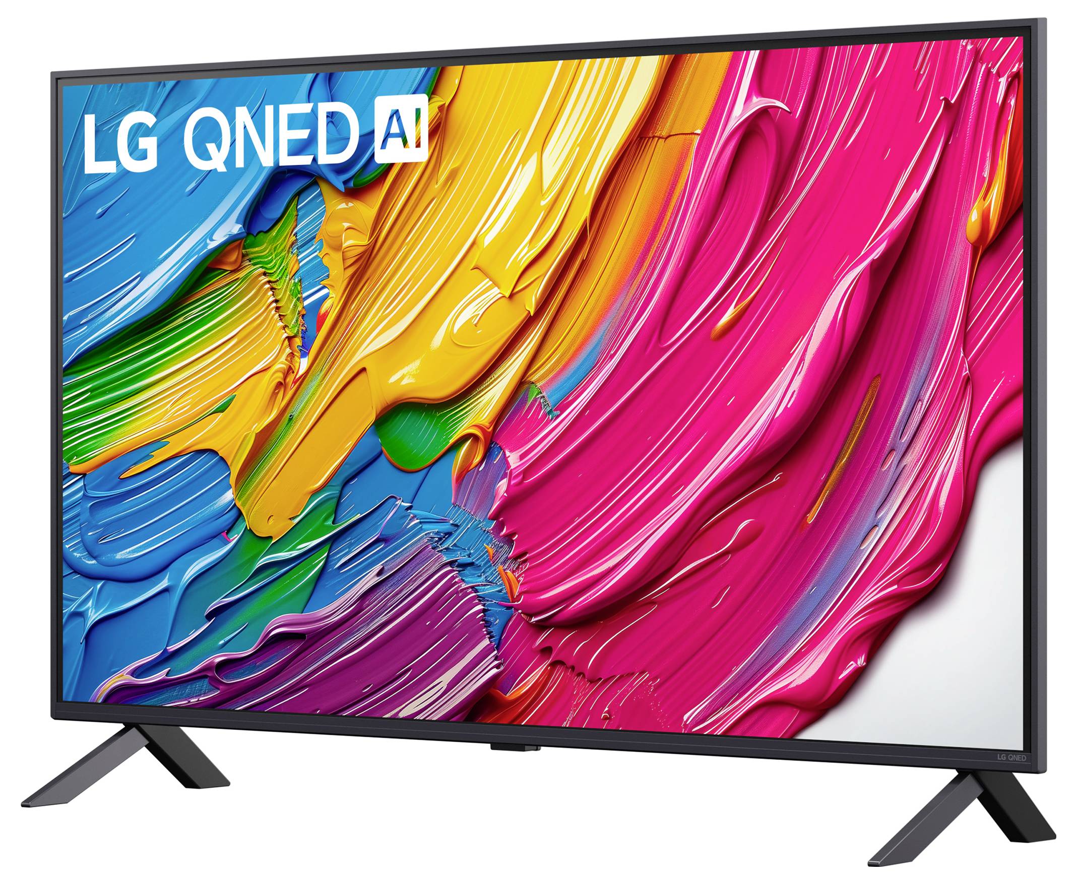 Ekran telewizora wyświetlający żywy wzór abstrakcyjny z oznaczeniem 'LG QNED AI' w rogu, podkreślającym model i technologię.