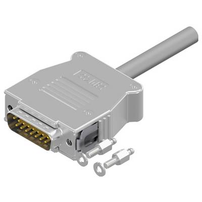 Srebrny 15-pinowy złącze D-sub i kabel, z dwoma srebrnymi śrubami obok, używane do łączenia urządzeń elektronicznych.
