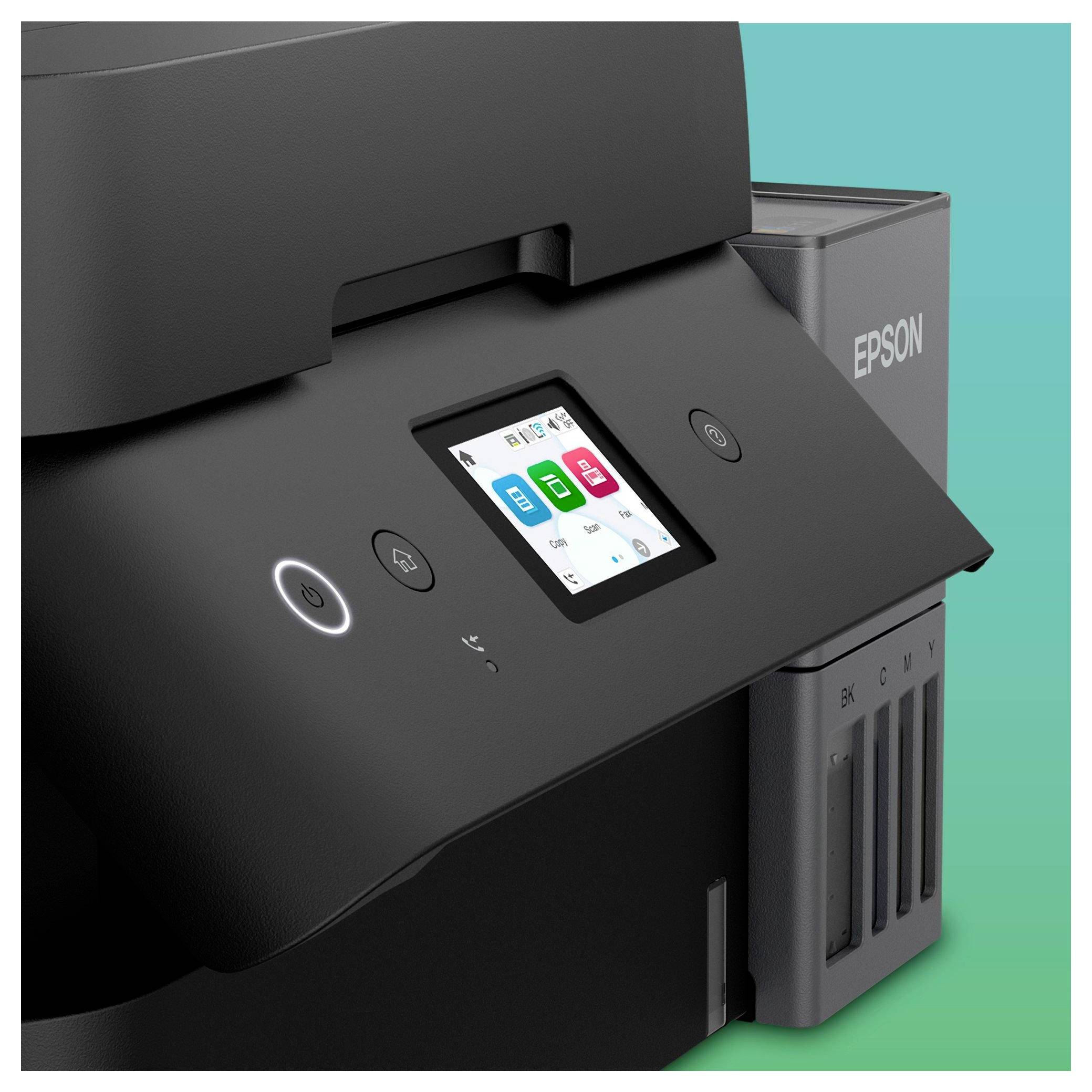 Czarny drukarka Epson z wyświetlaczem LCD pokazującym poziomy tuszu i ustawienia. Po boku posiada system do uzupełniania tuszu.