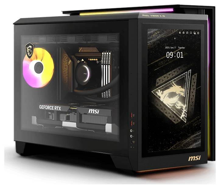 Czarny komputer do gier firmy MSI z podświetleniem RGB, widoczne wewnętrzne komponenty, w tym karta graficzna GeForce RTX, wyświetlacz pokazujący 09:01.