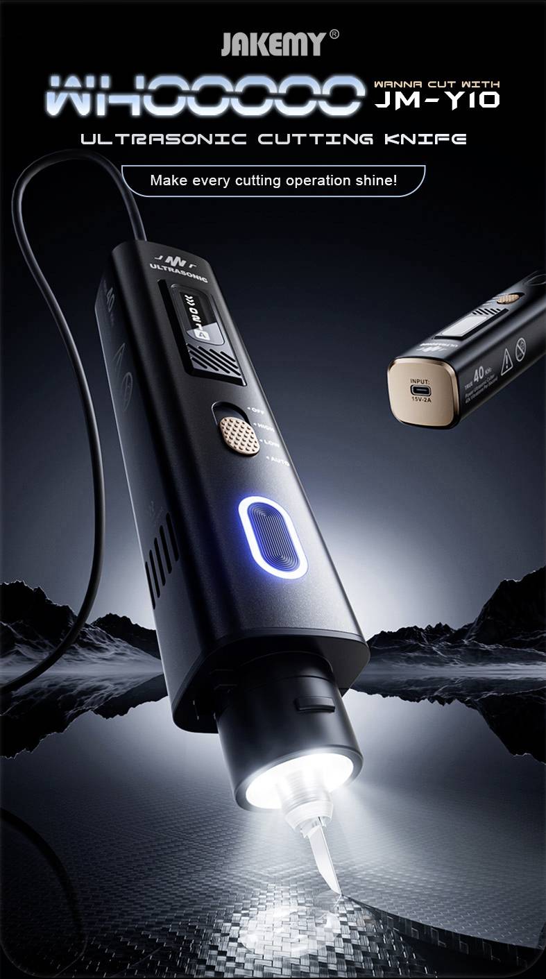 Nóż do cięcia ultradźwiękowego z wyświetlaczem cyfrowym, z oznakowaniem 'Jakemy JM-Y10'. W tle widoczny jest skalny teren i futurystyczny element projektu.