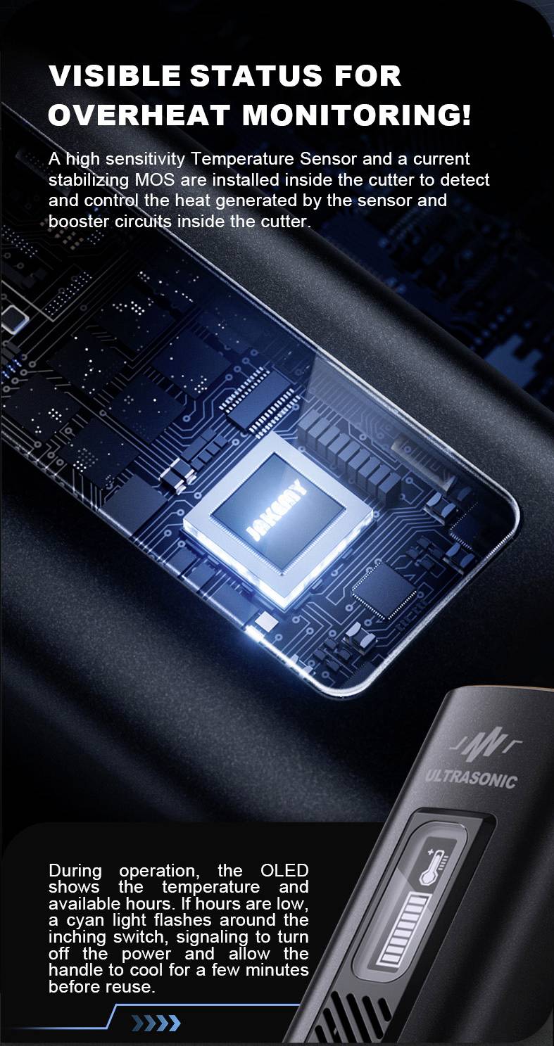 Cyfrowy wyświetlacz na urządzeniu pokazuje 'Widoczny Status Monitorowania Przegrzania'. Widoczne są podświetlone elementy elektronicznego obwodu.