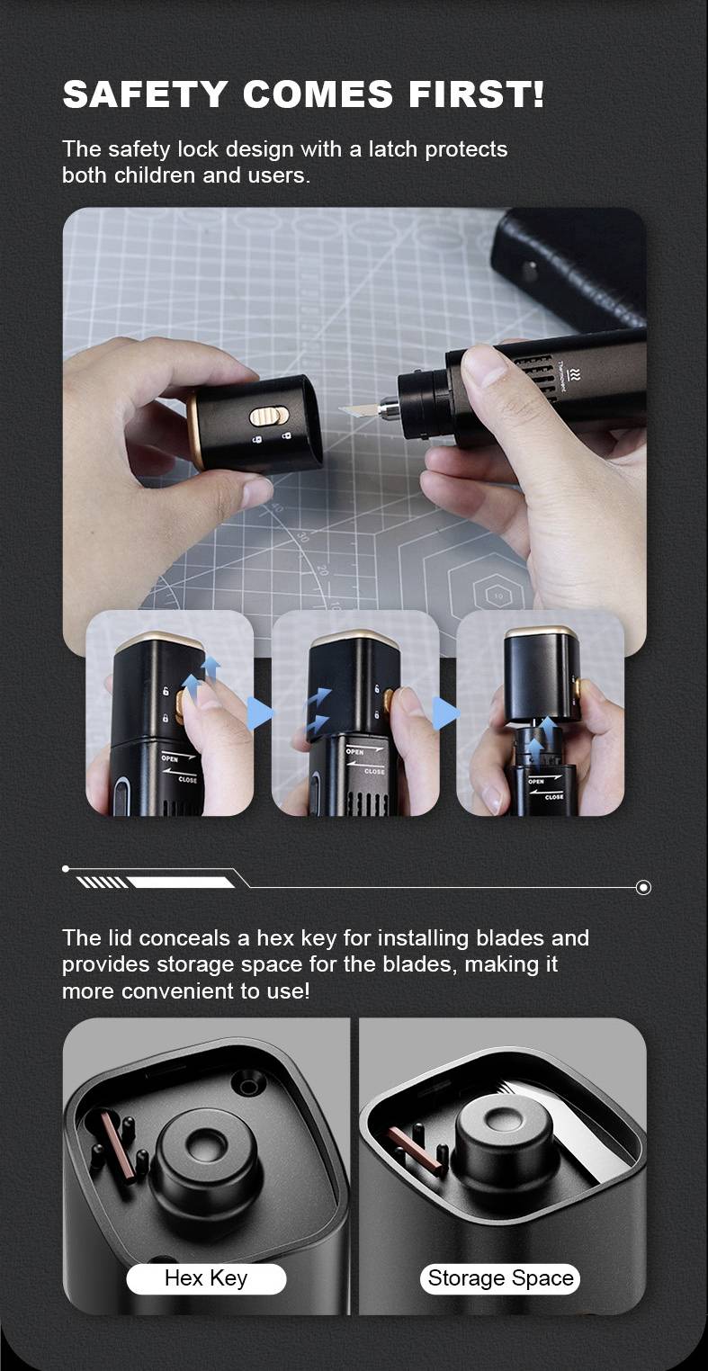 „Bezpieczeństwo przede wszystkim!" widoczne nad wiertarką z mechanizmem blokady chroniącym przed dziećmi. Poniżej, obrazki przedstawiają montaż ostrza przy użyciu ukrytego klucza sześciokątnego.