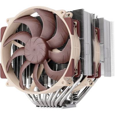 Duży radiator procesora komputerowego z dwoma brązowymi wentylatorami i wieloma aluminiowymi żeberkami, zaprojektowany do wydajnego odprowadzania ciepła z procesorów komputerowych.