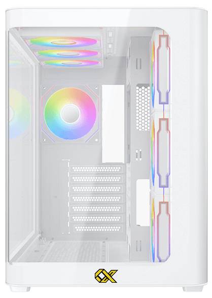 Biała obudowa komputerowa z wieloma podświetlanymi RGB wentylatorami i siateczkowym panelem bocznym. Posiada wloty powietrza z przodu i góry, idealna do zestawów dla graczy.