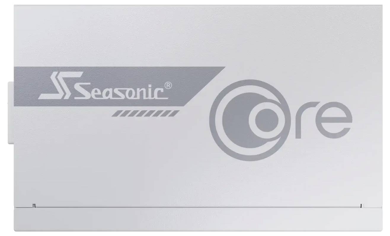 Zasilacz Seasonic z logo 'Core' wyświetlanym wyraźnie na matowej szarej obudowie.