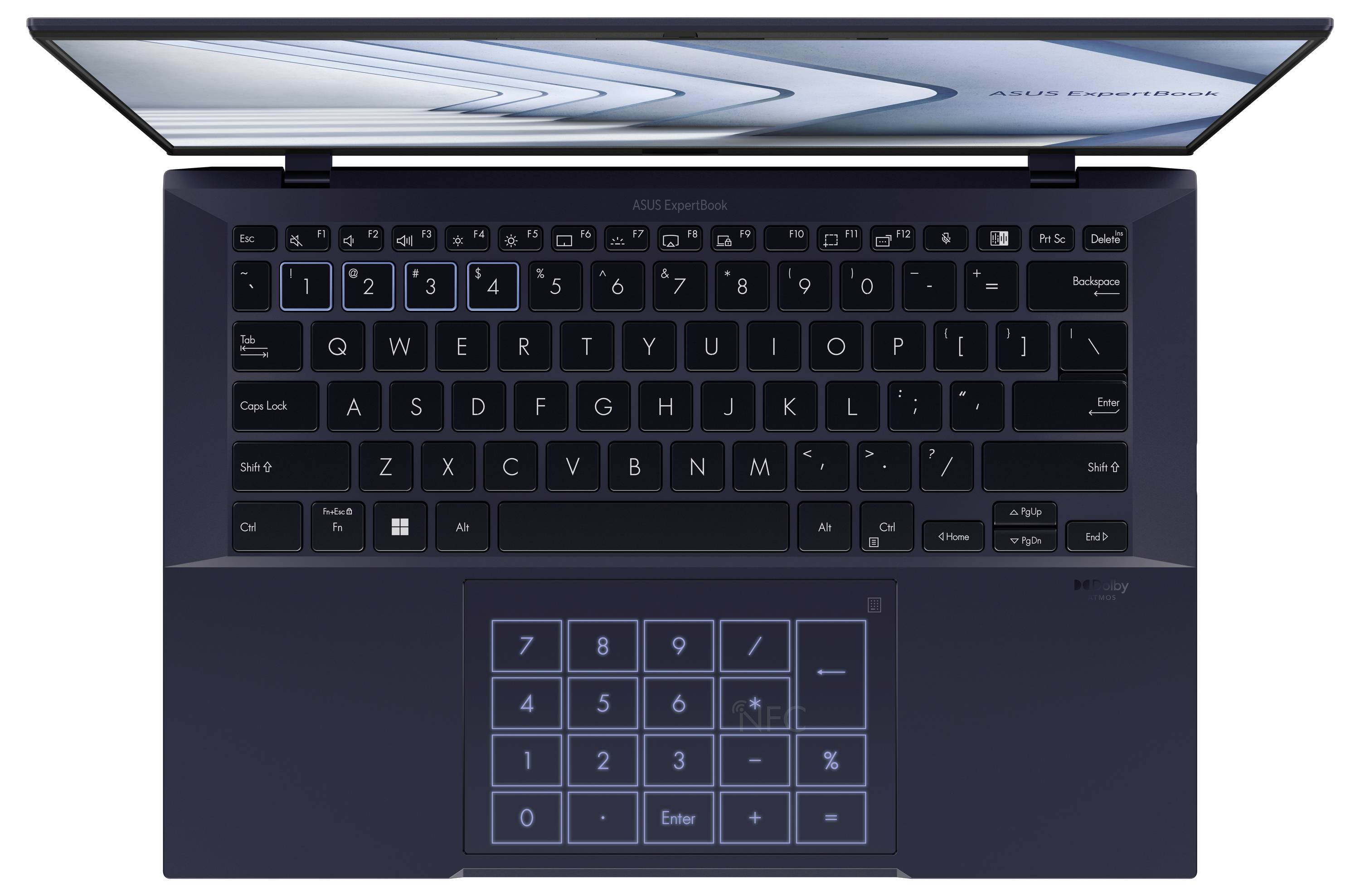 Smukły, otwarty laptop widziany z góry, z podświetlaną klawiaturą i klawiaturą numeryczną zintegrowaną z touchpadem.