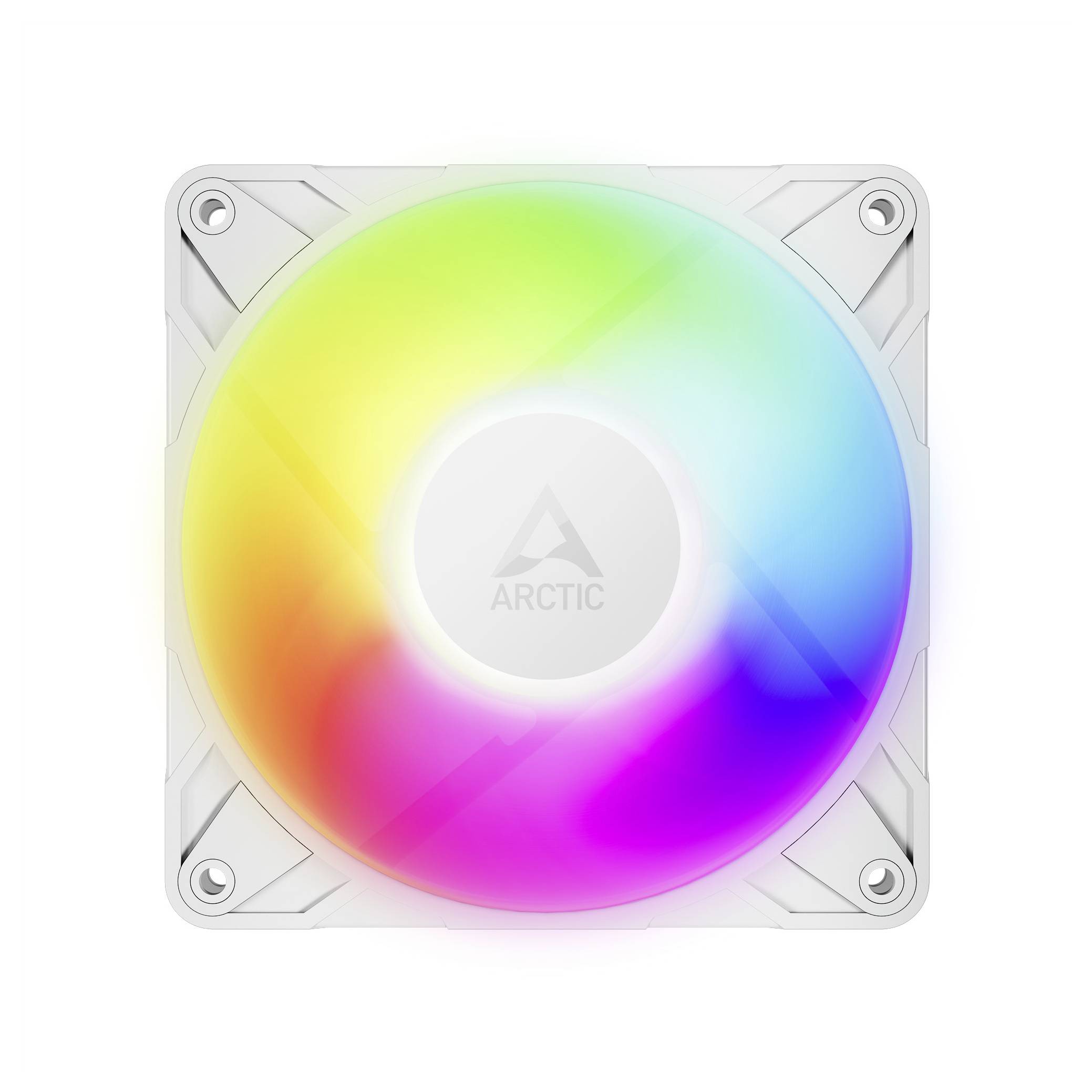 Kwadratowy wentylator komputerowy z podświetleniem RGB, wyświetlający gradient od czerwieni do fioletu. Logo marki jest widoczne na środku.