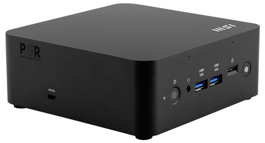 Czarny mini komputer PC z logo marki i wieloma portami USB widocznymi z przodu.