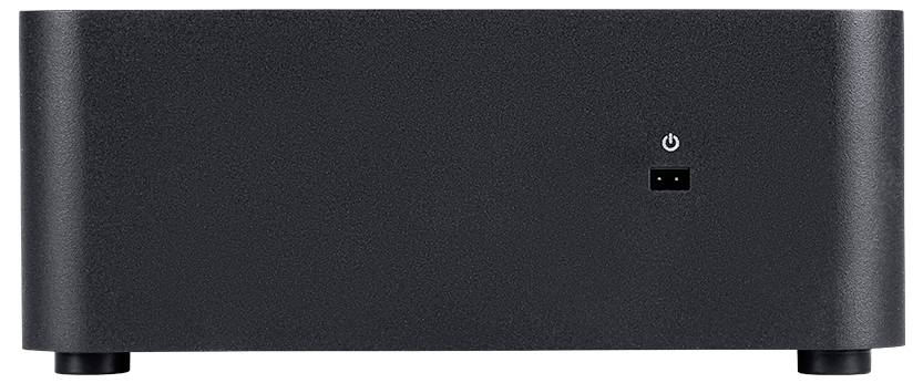 Czarny elektroniczny urządzenie z fakturowaną przednią powierzchnią, wyposażone w przycisk zasilania i małe gniazdo po prawej stronie.