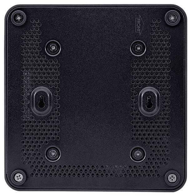 Widok od spodu czarnego urządzenia elektronicznego z sześcioma śrubami i dwoma mocowaniami w kształcie dziurki od klucza, oznaczony napisem 'PRZÓD' na górnej krawędzi.