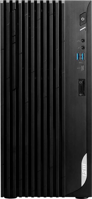 Czarny komputer stacjonarny w obudowie tower z pionowo prążkowanym panelem przednim, z portami USB i przyciskiem zasilania po prawej stronie.