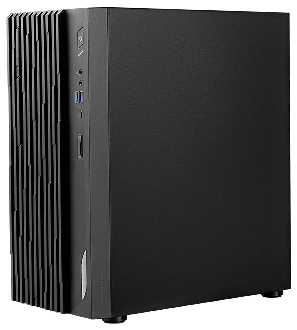 Czarny komputer stacjonarny w minimalistycznym stylu, z portami USB i przyciskiem zasilania na przednim panelu.