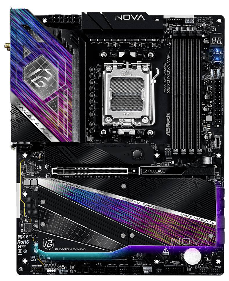 Płyta główna komputera z kolorowymi paskami, oznaczona etykietą 'AsRock X670E Nova WiFi'. Posiada sloty na procesor, pamięć RAM i inne komponenty.
