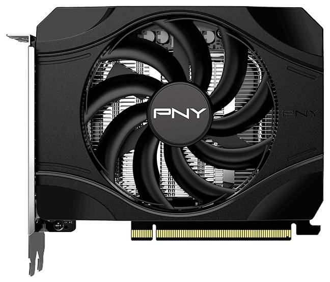 Czarna karta graficzna PNY z dużym wentylatorem chłodzącym i widocznymi obwodami elektronicznymi, zaprojektowana do poprawy wydajności grafiki komputerowej.