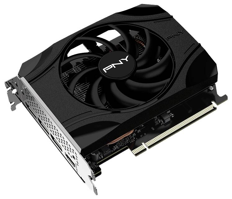 Czarna karta graficzna PNY z pojedynczym dużym wentylatorem, sfotografowana pod kątem, ukazująca metalowe złącza i płytkę obwodów, zaprojektowana w celu poprawy wydajności komputera.