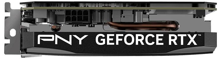 Widok z boku karty graficznej PNY GeForce RTX, prezentujący jej złącza zasilania i elementy chłodzenia.